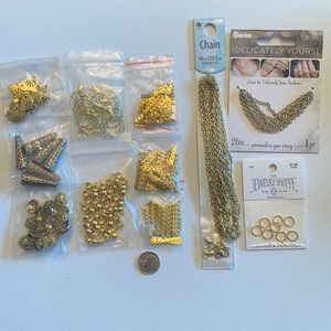 Lot of 11 styles gold tone metal findings and chains for jewelry making